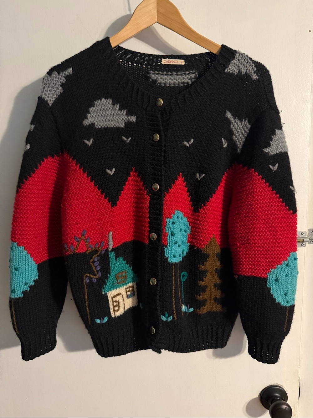 Cadance Black & Red Scenic Knit Cardigan, Size Small, Cottagecore